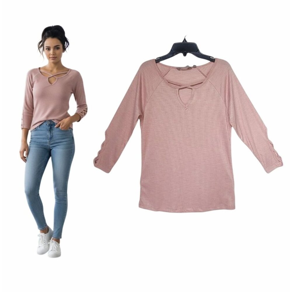 ⭐Harmony Sz S Basic Women Active top Coral Pink textured 3/4 sleeve Criss Cross